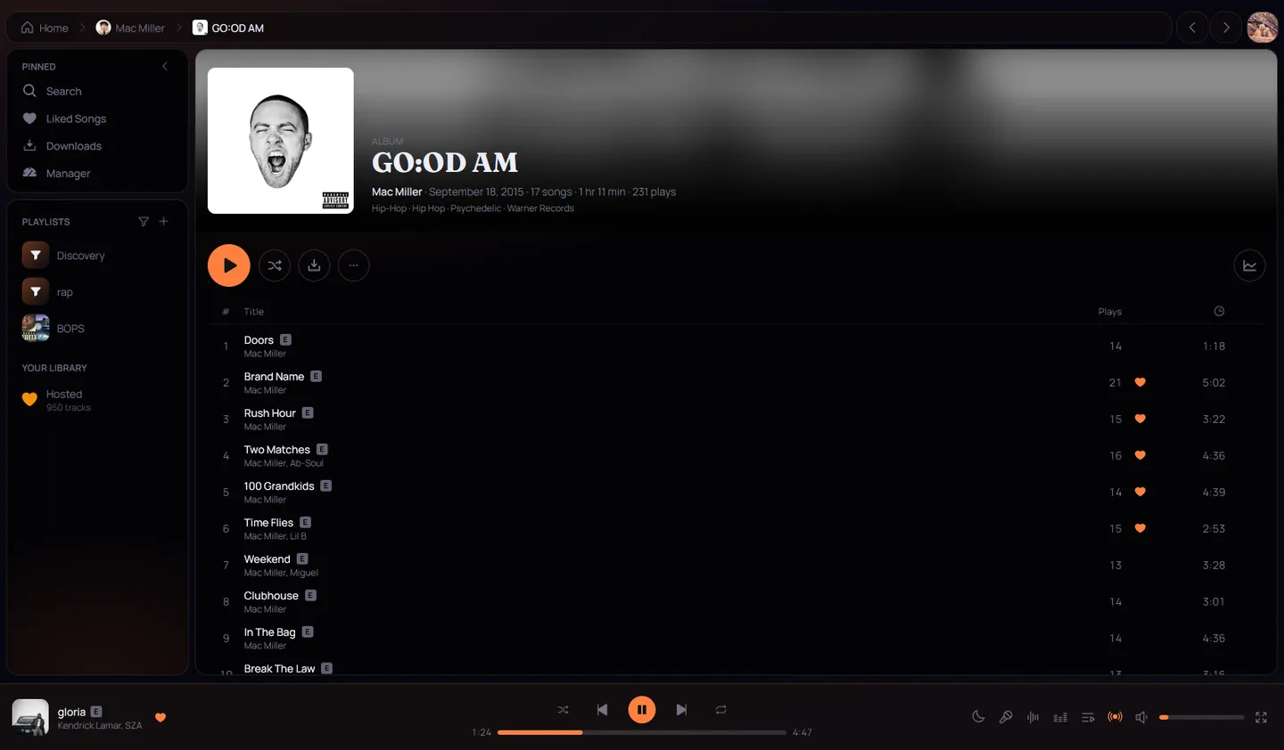 An album page in Chordia showing cover art, the tracklist and the source file quality