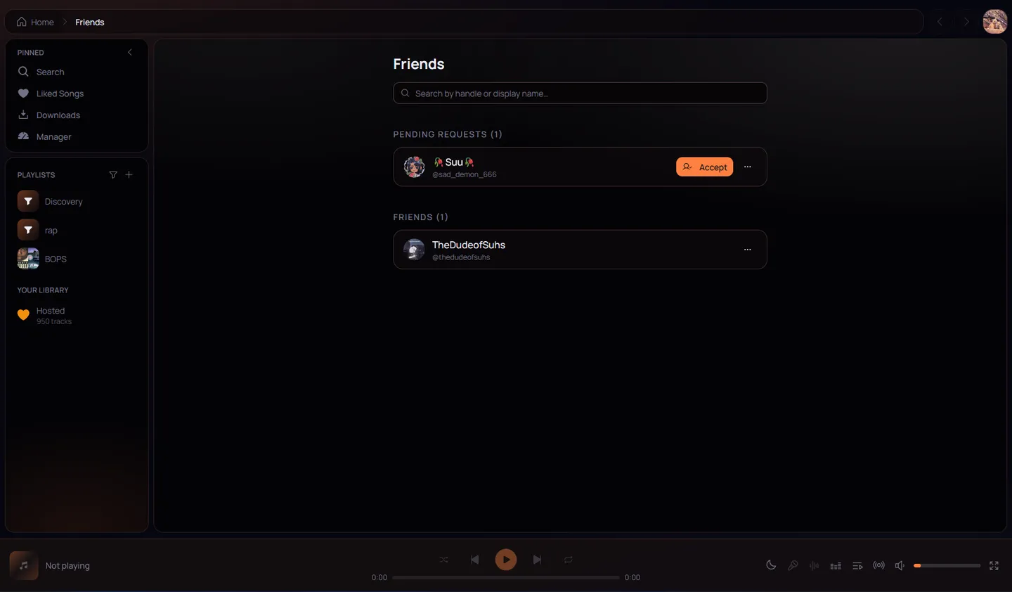 The friends page in Chordia showing a friend list and a pending request
