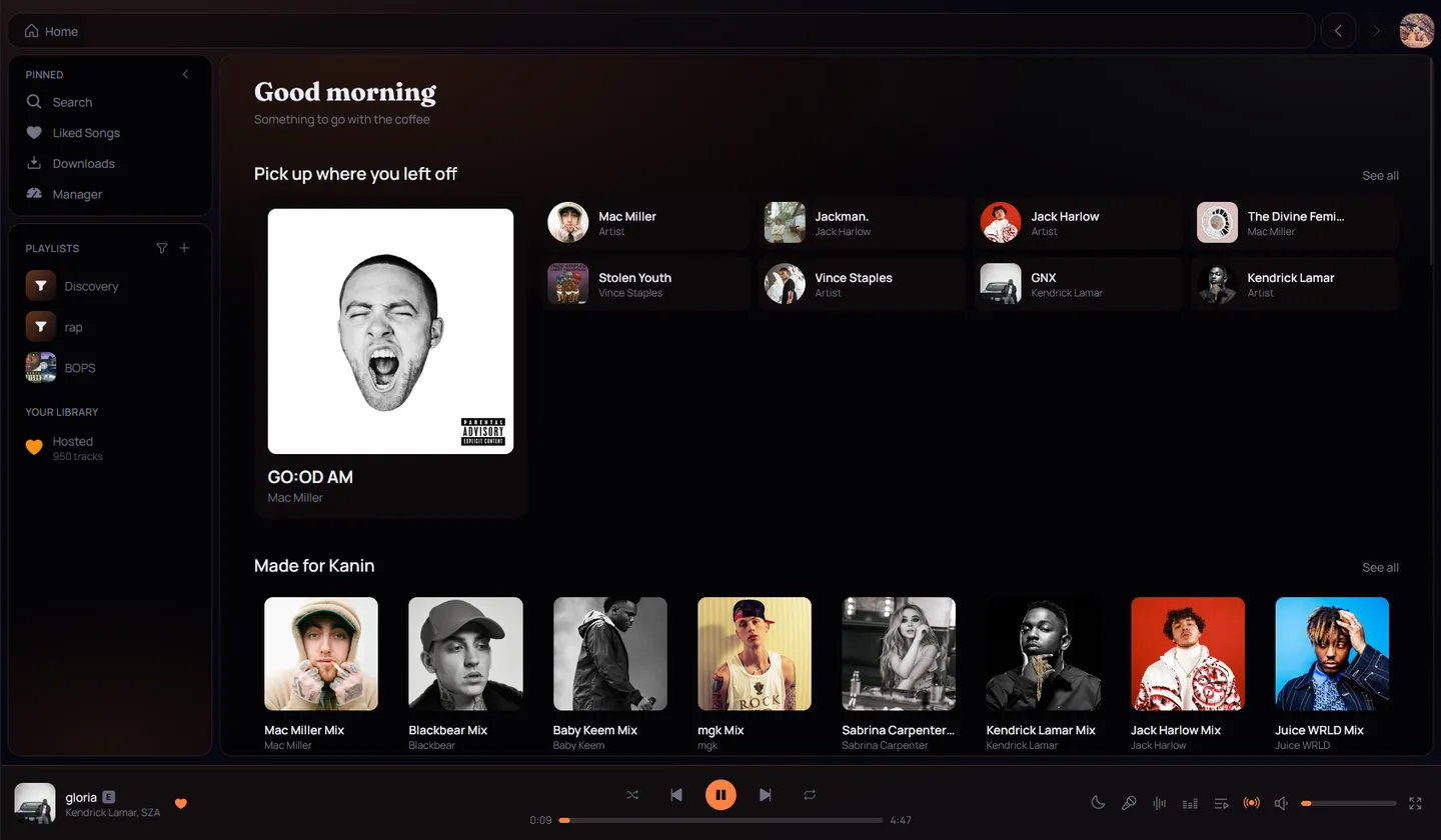 The Chordia home screen showing recently played albums and the player bar